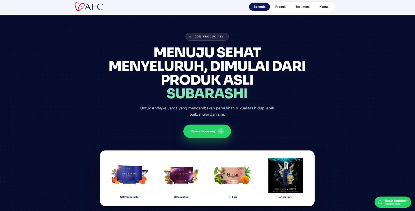 AFC Landing Page hero with the Menuju Sehat Menyeluruh headline, product cards for SOP Subarashi, Utsukushhii, Hikari, and Sensei Suru, and a WhatsApp help button