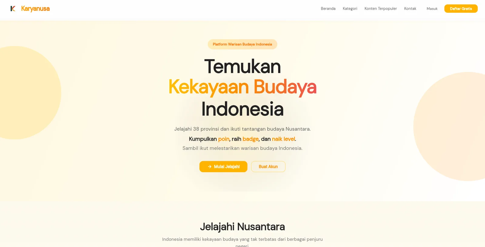 Karyanusa landing page hero with the Temukan Kekayaan Budaya Indonesia headline, gamification highlights, and a Mulai Jelajahi call to action