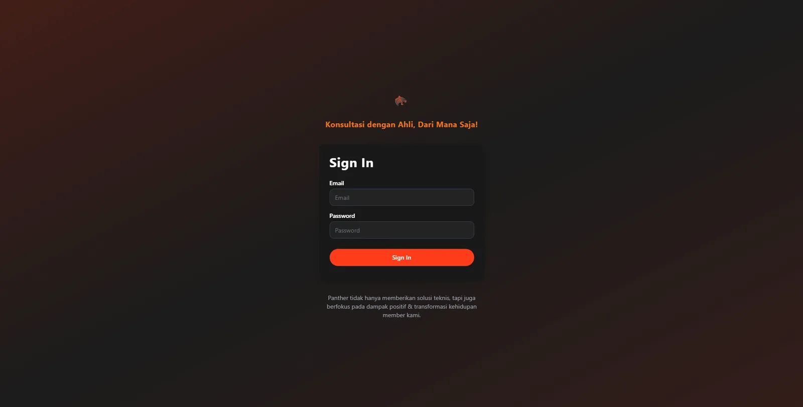 Panther Consultation sign-in page with the Konsultasi dengan Ahli, Dari Mana Saja! tagline above a dark Sign In card